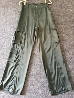 EE:SOME Wide Leg Satin High Rise Olive Green Cargo Pants S